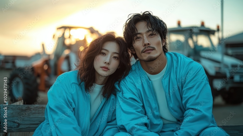 A couple, in trendy turquoise attire, sits together in a rural setting enriched by several tractors, embodying style and rural elegance in the warm sunlight. A couple, in trendy turquoise attire, sits together in a rural setting enriched by several tractors, embodying style and rural elegance in the warm sunlight.