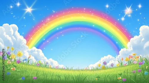 Rainbow over Green Field with Flowers.