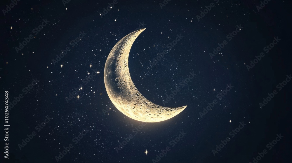Crescent Moon and Stars in Night Sky. Crescent Moon and Stars in Night Sky.