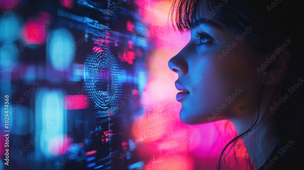 Close-up profile portrait of a person with digital technology overlay, depicting artificial intelligence and futuristic concepts Close-up profile portrait of a person with digital technology overlay, depicting artificial intelligence and futuristic concepts