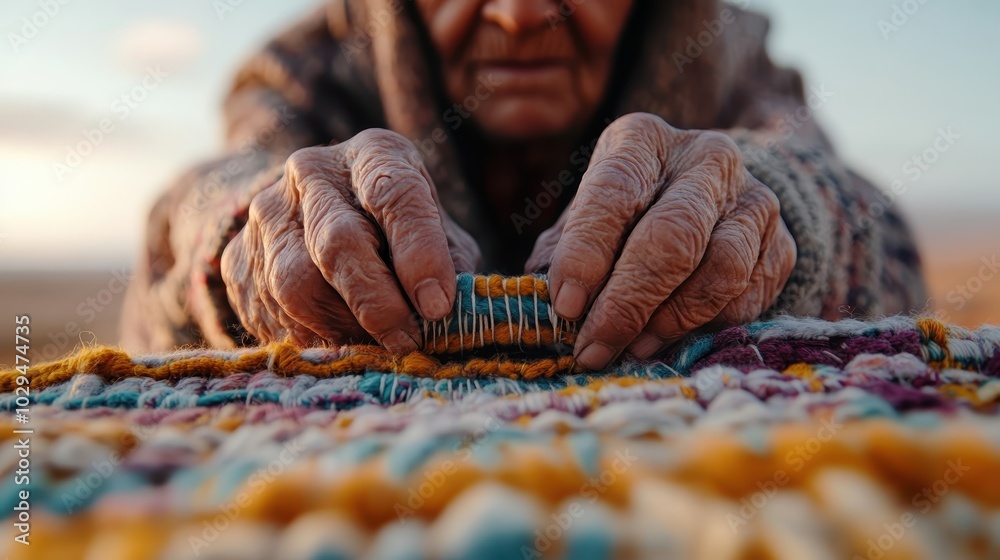 An elderly woman's hands gracefully weave colorful yarn with care and precision, depicting a timeless art and the beauty of craftsmanship in golden light. An elderly woman's hands gracefully weave colorful yarn with care and precision, depicting a timeless art and the beauty of craftsmanship in golden light.