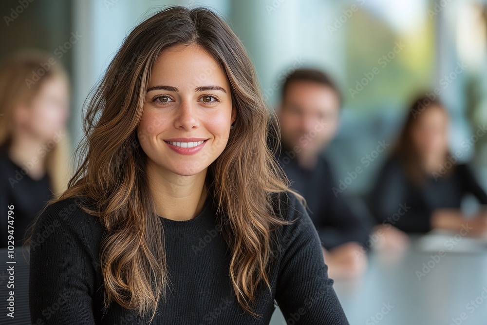 Smiling businesswoman in black sweater attending a meeting, with a focus on natural expression and professional atmosphere, suitable for corporate presentations, business promotions, or teamwork visu
Smiling businesswoman in black sweater attending a meeting, with a focus on natural expression and professional atmosphere, suitable for corporate presentations, business promotions, or teamwork visu
