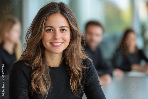 Smiling businesswoman in black sweater attending a meeting, with a focus on natural expression and professional atmosphere, suitable for corporate presentations, business promotions, or teamwork visu
