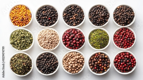 Various Types of Peppercorns Arranged in Different Colors and Sizes on Clean Surface - Showcasing Diversity of Spices in High-Resolution Image