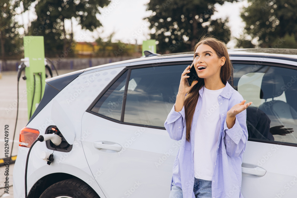 Young Woman Talking on Mobile Phone While Charging Electric Car at Station Young Woman Talking on Mobile Phone While Charging Electric Car at Station