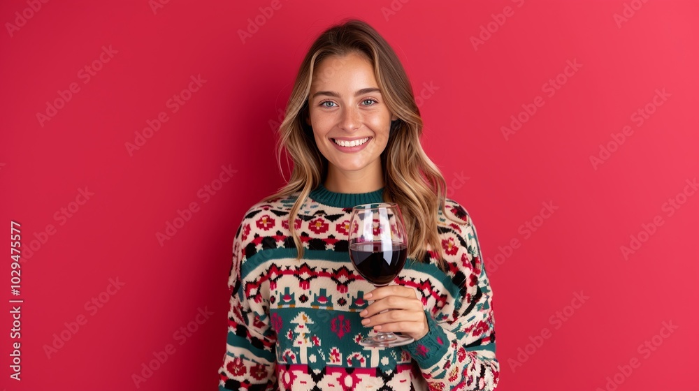 Smiling woman in a colorful holiday sweater holding a glass of red wine, standing against a bright red background, offering ample copy space for festive, holiday, and celebratory themes.
Smiling woman in a colorful holiday sweater holding a glass of red wine, standing against a bright red background, offering ample copy space for festive, holiday, and celebratory themes.