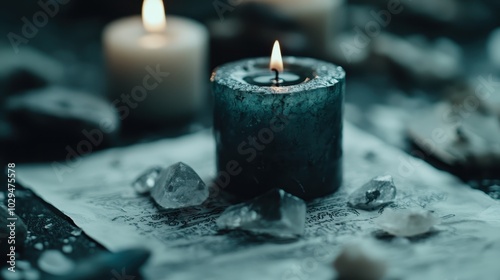 A black candle adorned with crystals sits upon esoteric symbols, conveying a deep sense of mysticism and hidden meaning, inviting spiritual exploration. photo