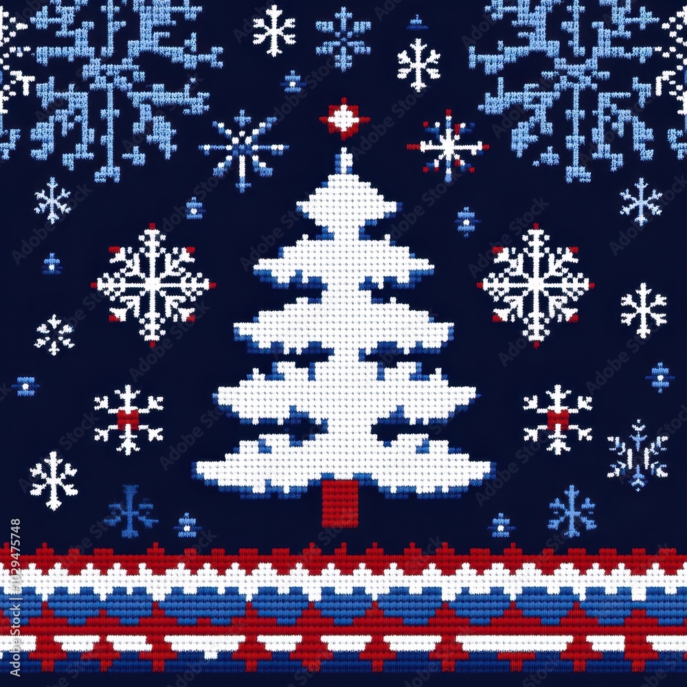 Festive Christmas sweater pattern with a knitted tree and snowflakes. Festive Christmas sweater pattern with a knitted tree and snowflakes.