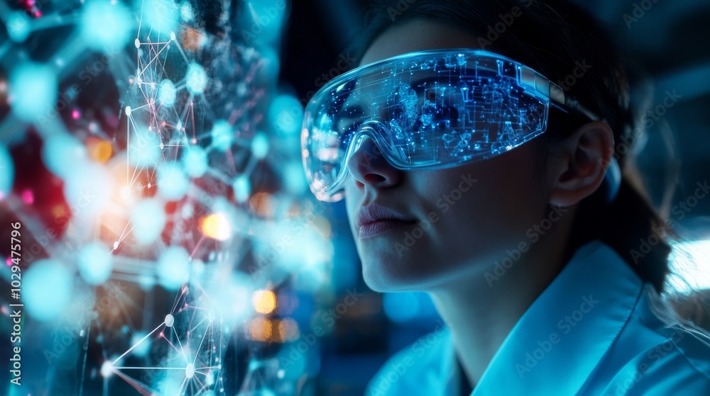Woman in VR Glasses Looking at Holographic Network. Woman in VR Glasses Looking at Holographic Network.