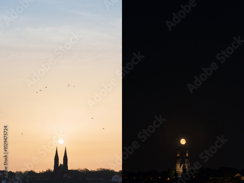 The sun between two church towers in one photo and the moon between the church towers in the other photo