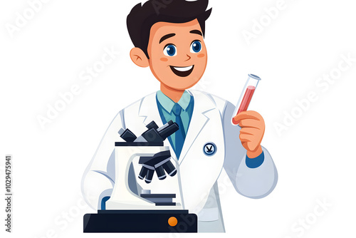  illustration of a scientist holding a test tube and microscope, wearing a lab coat, isolated on a white background