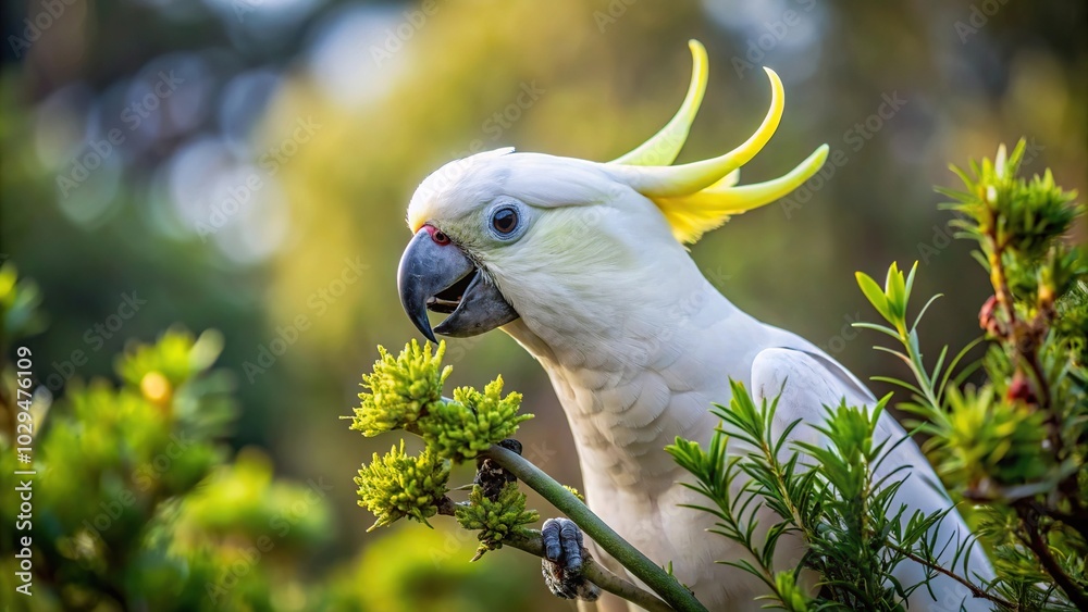 Sulphur crested Cockatoo feeding on plants from a low angle view Sulphur crested Cockatoo feeding on plants from a low angle view