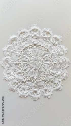 Delicate lace doily, white background, 4K hyperrealistic photo