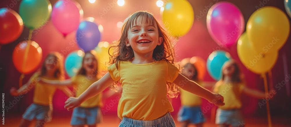 A joyful child with balloons, celebrating in a festive atmosphere. A joyful child with balloons, celebrating in a festive atmosphere.