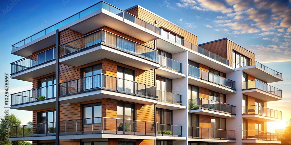 Modern apartment building with tilted angle windows and balcony Modern apartment building with tilted angle windows and balcony