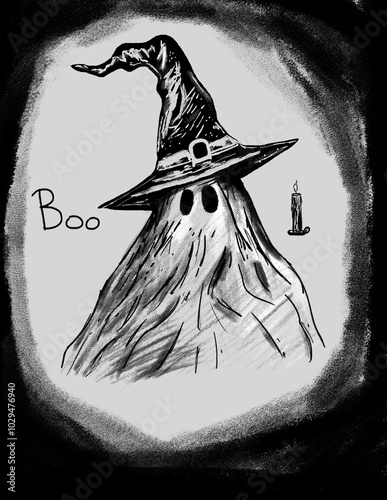 Sketch of Cute Ghost Wearing Witch Hat