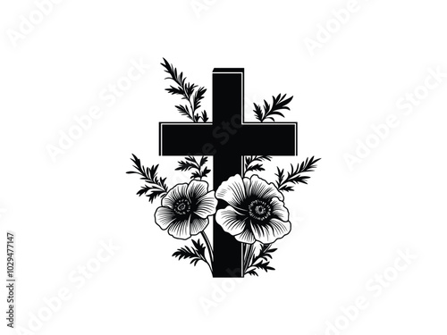 Veterans Day Cross with Poppies – Remembrance Silhouettes Design