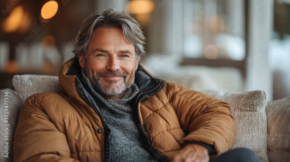 A middle-aged man relaxing indoors in a cozy atmosphere wearing a warm jacket, smiling contentedly during winter A middle-aged man relaxing indoors in a cozy atmosphere wearing a warm jacket, smiling contentedly during winter