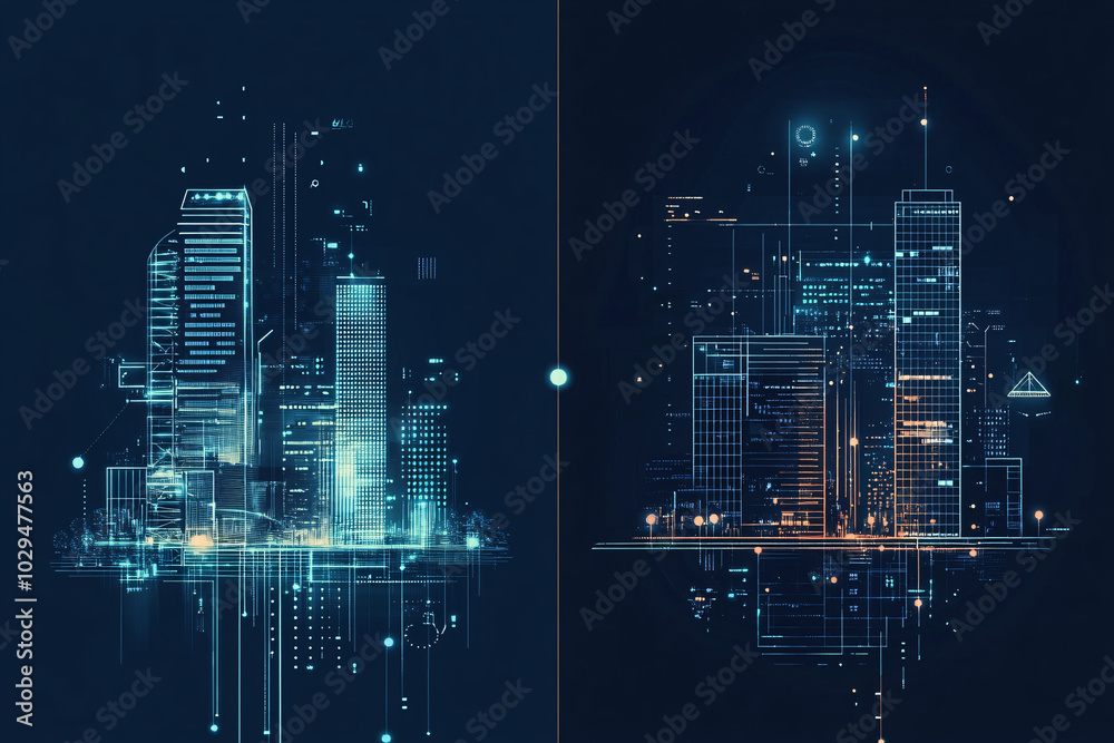 A futuristic digital city in a dual-toned blue and orange palette, showcasing a high-tech, cyber-inspired cityscape with glowing data elements and structures
A futuristic digital city in a dual-toned blue and orange palette, showcasing a high-tech, cyber-inspired cityscape with glowing data elements and structures