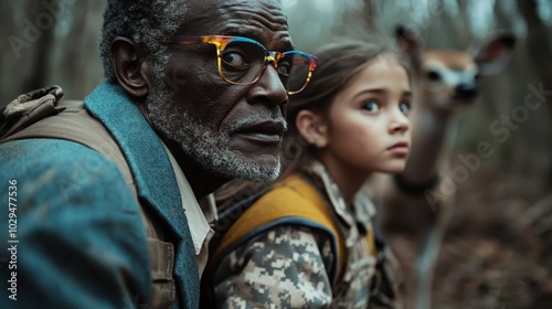 An elderly man with glasses and a young girl in camo gaze intently, sharing a moment in the forest with a deer behind them, blending humans and nature. photo