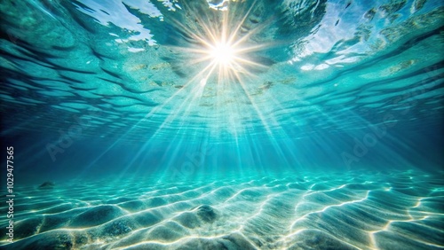 Sunlight beams through clear turquoise water with suspended particles