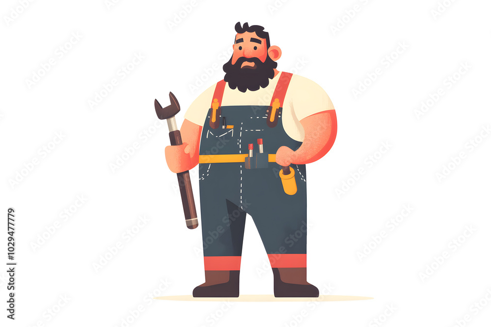 a plumber holding a wrench and a pipe, wearing overalls, isolated on a white background a plumber holding a wrench and a pipe, wearing overalls, isolated on a white background