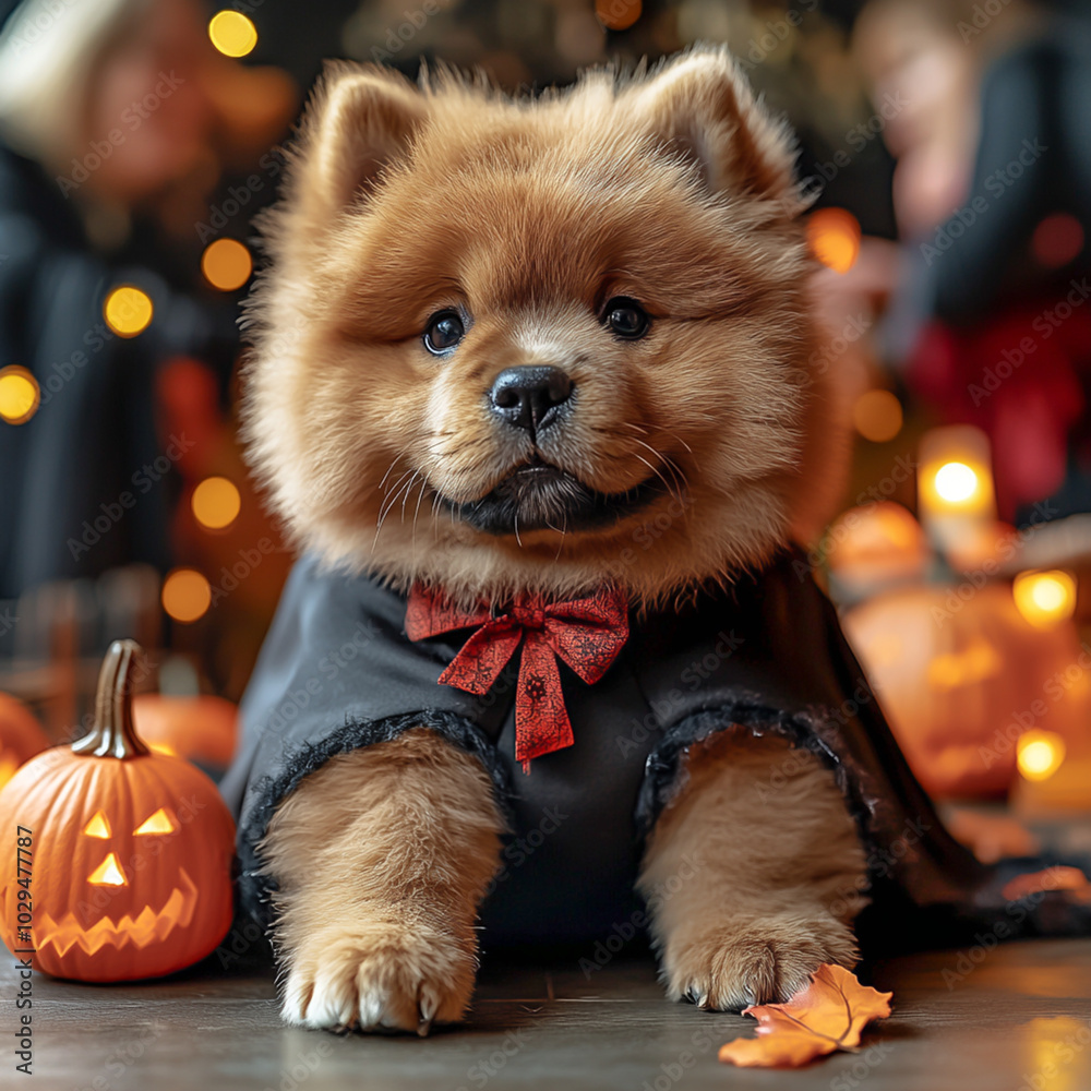 Spitz puppy in a Halloween outfit and a pumpkin with a grimace
