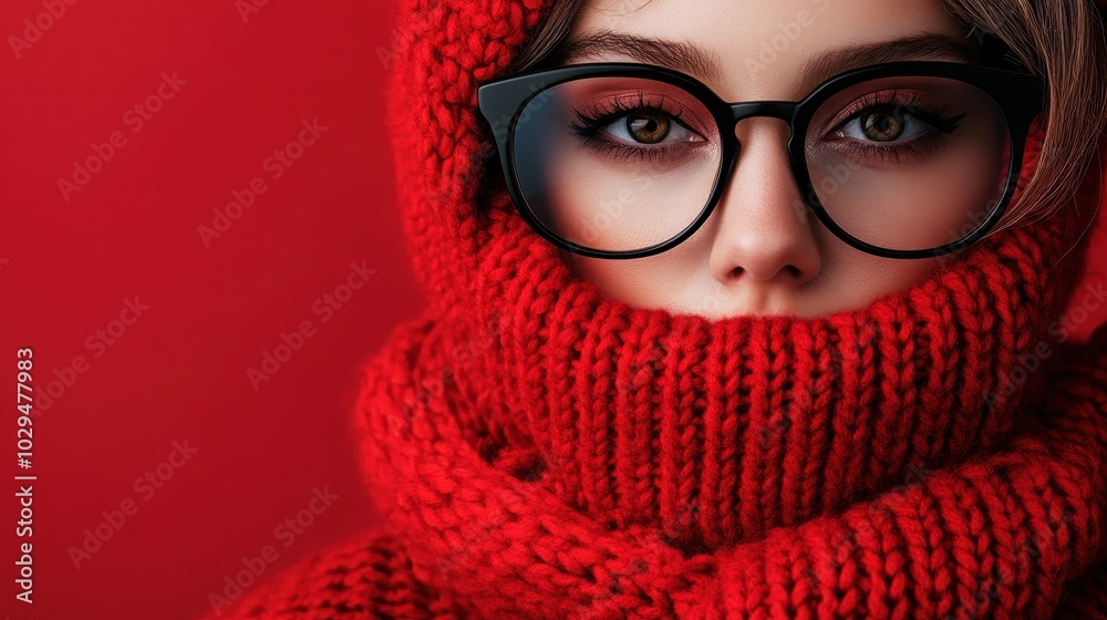 A woman's face peeks out from a red scarf, wearing black glasses. Her eyes are highlighted against the vibrant red backdrop, embodying elegance and mystery. A woman's face peeks out from a red scarf, wearing black glasses. Her eyes are highlighted against the vibrant red backdrop, embodying elegance and mystery.