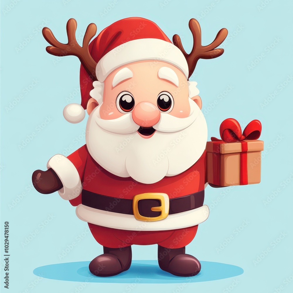Cheerful cartoon Santa with antlers holding a gift in a festive pose. Cheerful cartoon Santa with antlers holding a gift in a festive pose.