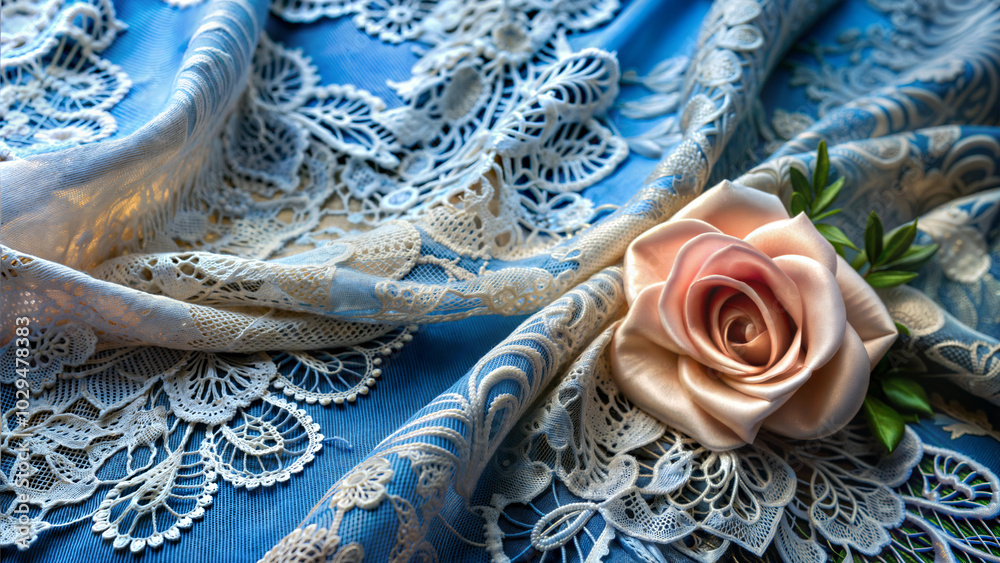 Elegant Lace Fabric with Satin Rose on Blue Background Elegant Lace Fabric with Satin Rose on Blue Background