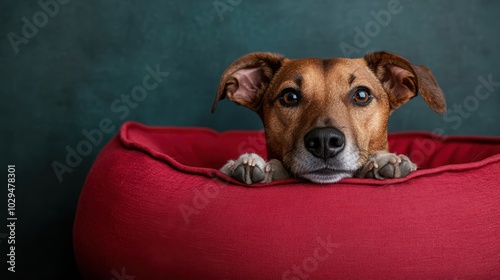 A cute dog with soulful brown eyes and alert ears peeks over a vibrant red pet bed against a dark textured green background, showcasing comfort and curiosity. photo