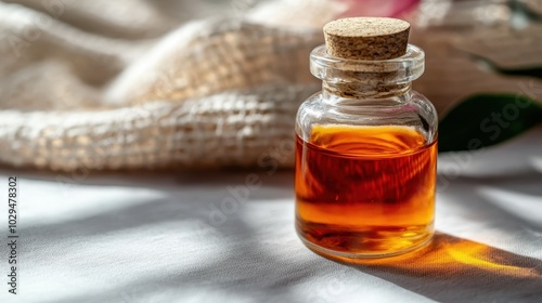 A small, clear glass jar with a cork top filled with a honey-like liquid sits on a softly lit fabric surface, evoking warmth and simplicity in its natural essence. photo