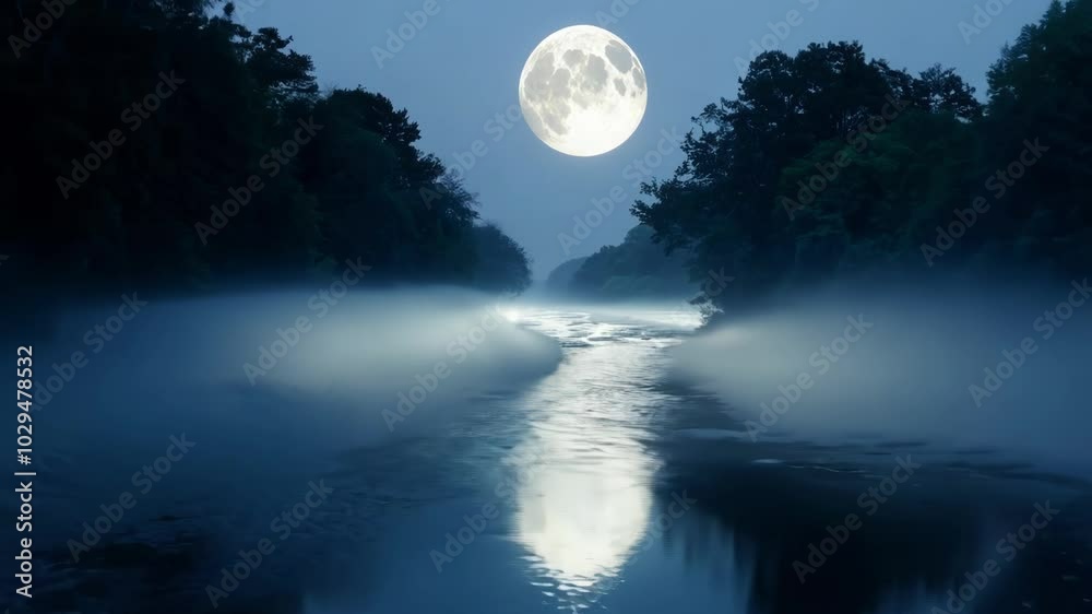 Misty river is flowing through the forest at night with a full moon shining brightly in the sky. The moon is reflecting on the water surface Misty river is flowing through the forest at night with a full moon shining brightly in the sky. The moon is reflecting on the water surface