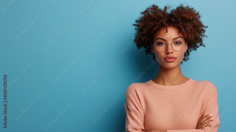A woman with curly hair and glasses stands confidently in front of a blue background, wearing a peach sweater and exuding a sense of calm and determination.