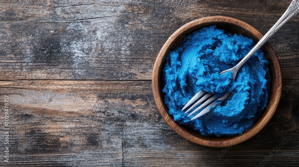 A bowl with blue textured mash and a fork on a rustic wooden surface highlights an intriguing fusion of culinary art and raw natural elements in visual harmony. A bowl with blue textured mash and a fork on a rustic wooden surface highlights an intriguing fusion of culinary art and raw natural elements in visual harmony.