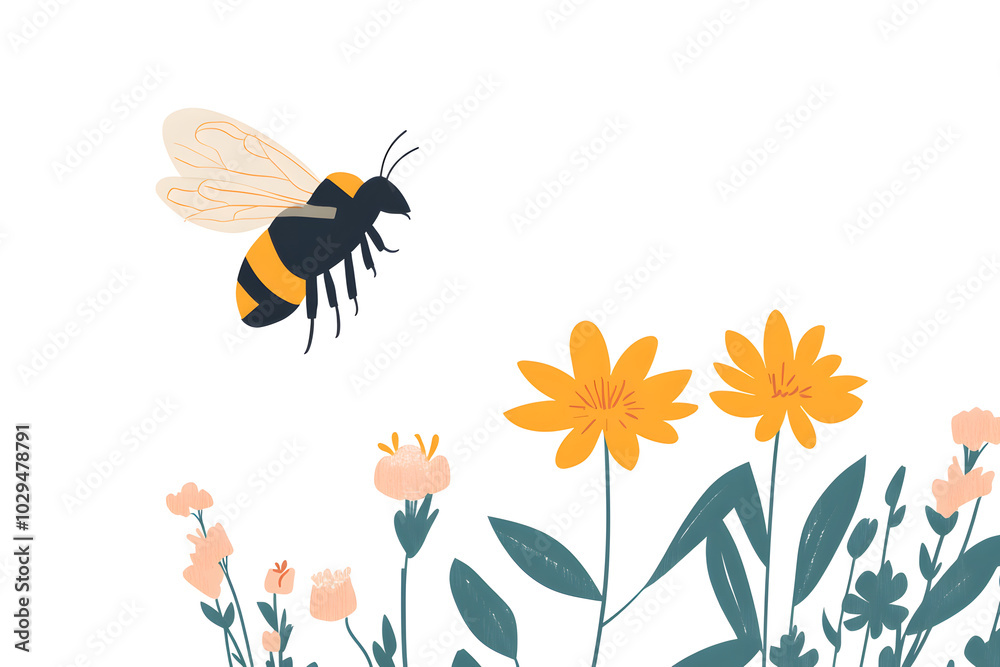 Obraz premium a bumblebee flying near a flower, with small wings buzzing, isolated on a white background 