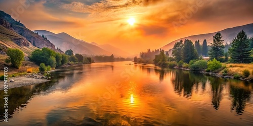 Sunrise over the Wenatchee River during summer fires in North Central Washington low angle view