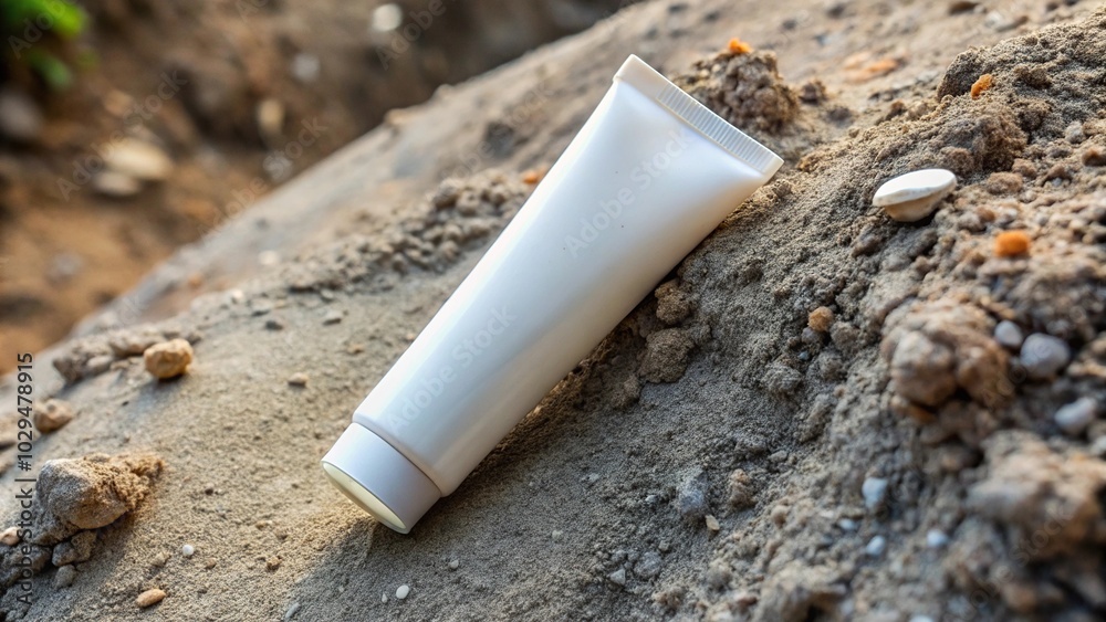 Plastic cosmetic tube buried at an angle in dirt or concrete ground Plastic cosmetic tube buried at an angle in dirt or concrete ground