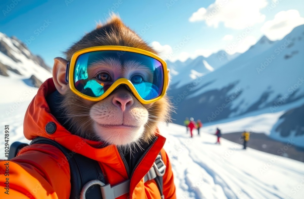 Funny Monkey wearing Ski Mask and a Winter jacket against the backdrop of Snow-covered Mountains. Concept Winter Sports and Active Recreation in the Mountains, Monkey Skier in Ski Resort illustration Funny Monkey wearing Ski Mask and a Winter jacket against the backdrop of Snow-covered Mountains. Concept Winter Sports and Active Recreation in the Mountains, Monkey Skier in Ski Resort illustration