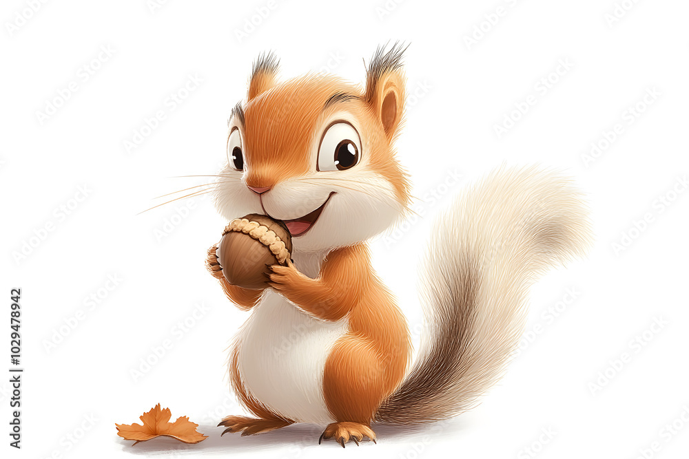 illustration of a squirrel holding an acorn, looking up with a smile, isolated on a white background illustration of a squirrel holding an acorn, looking up with a smile, isolated on a white background