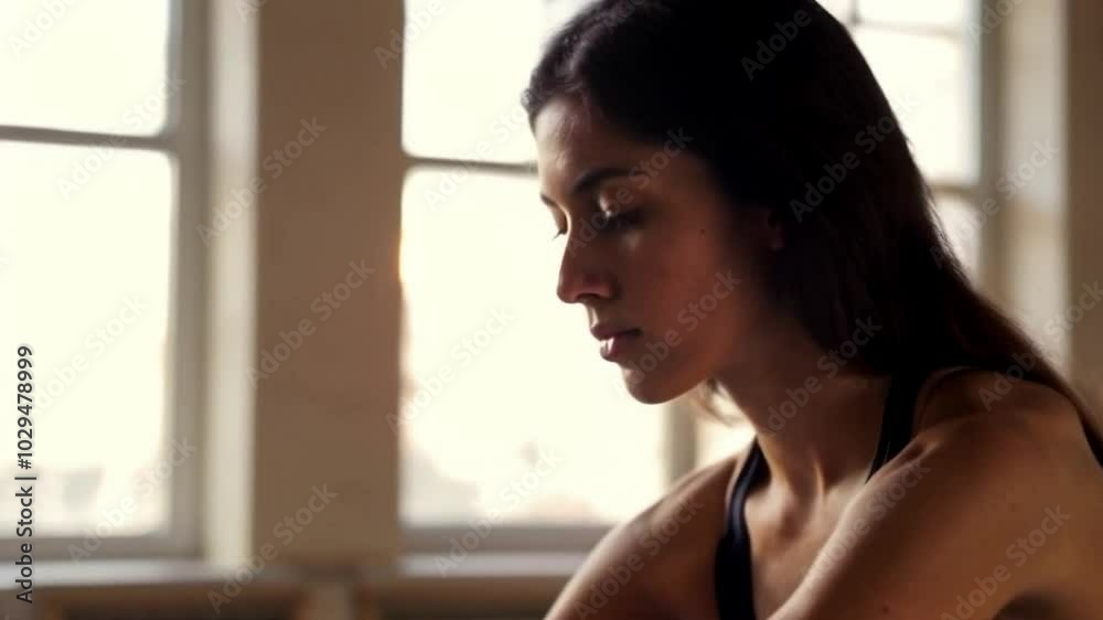 A young, athletic woman with olive skin and dark, flowing hair practices yoga in a sunlit studio. She performs the cat-cow pose with precision, her expression focused and serene A young, athletic woman with olive skin and dark, flowing hair practices yoga in a sunlit studio. She performs the cat-cow pose with precision, her expression focused and serene