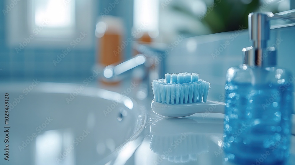 A bathroom scene featuring a toothbrush and liquid soap on a countertop.