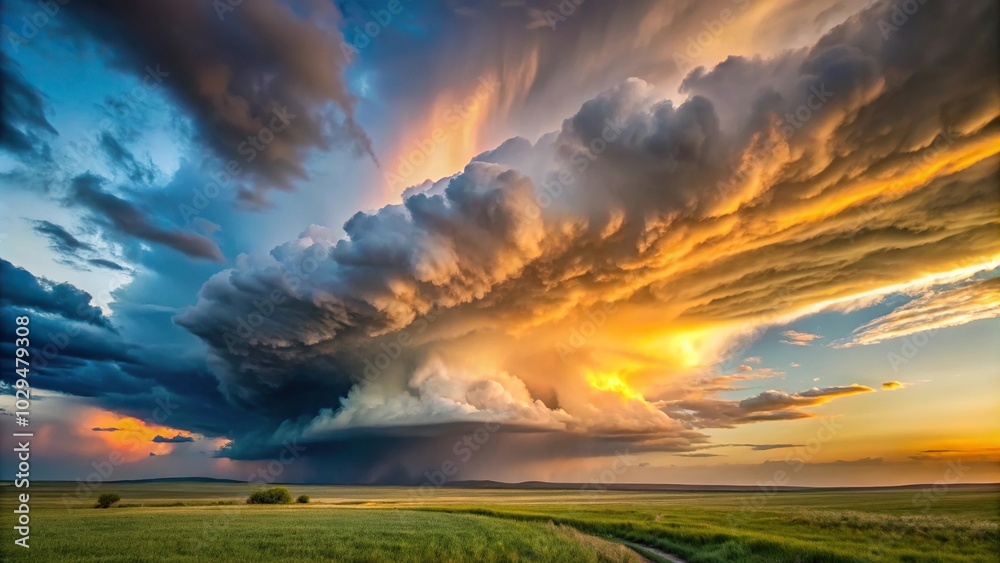 Supercell thunderstorm over prairie at sunset