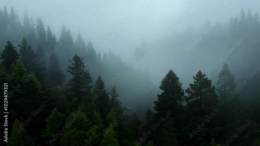 Misty forest with dense evergreen trees, creating a mysterious atmosphere. The aerial view captures the natural beauty, perfect for nature lovers seeking tranquility Misty forest with dense evergreen trees, creating a mysterious atmosphere. The aerial view captures the natural beauty, perfect for nature lovers seeking tranquility