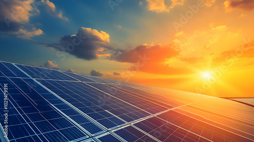 A sprawling solar farm with rows of solar panels gleaming under the bright sun, capturing clean energy.