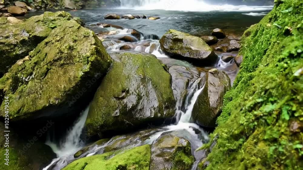 Water cascading over mossy rocks in a lush forest waterfall, capturing nature's beauty with a serene stream flowing peacefully Water cascading over mossy rocks in a lush forest waterfall, capturing nature's beauty with a serene stream flowing peacefully