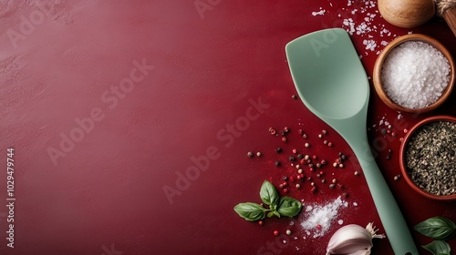 An aesthetically pleasing arrangement of a green spatula with spices and herbs on a richly textured red surface, depicting a harmony of color and culinary elements. photo