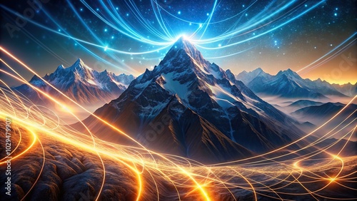 Surreal mountains landscape with glowing trajectories in the sky