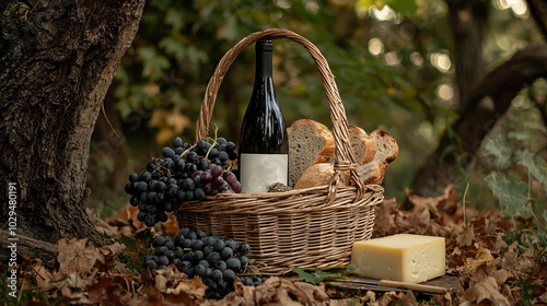  A bottle of wine, loaf of bread, and cluster of grapes rest in a basket on the ground before a tree