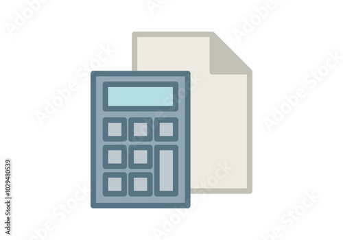 Calculadora azul y documento en blanco